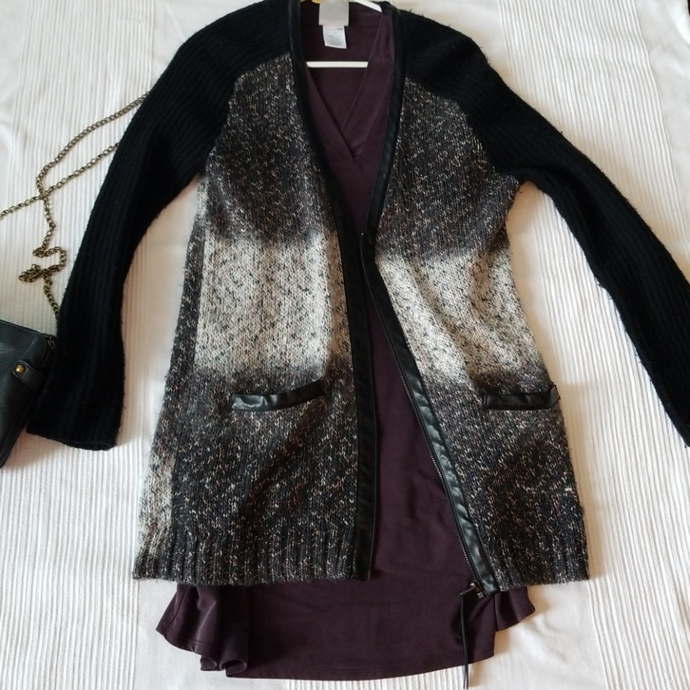 Trouve long zip cardigan with faux leather detail